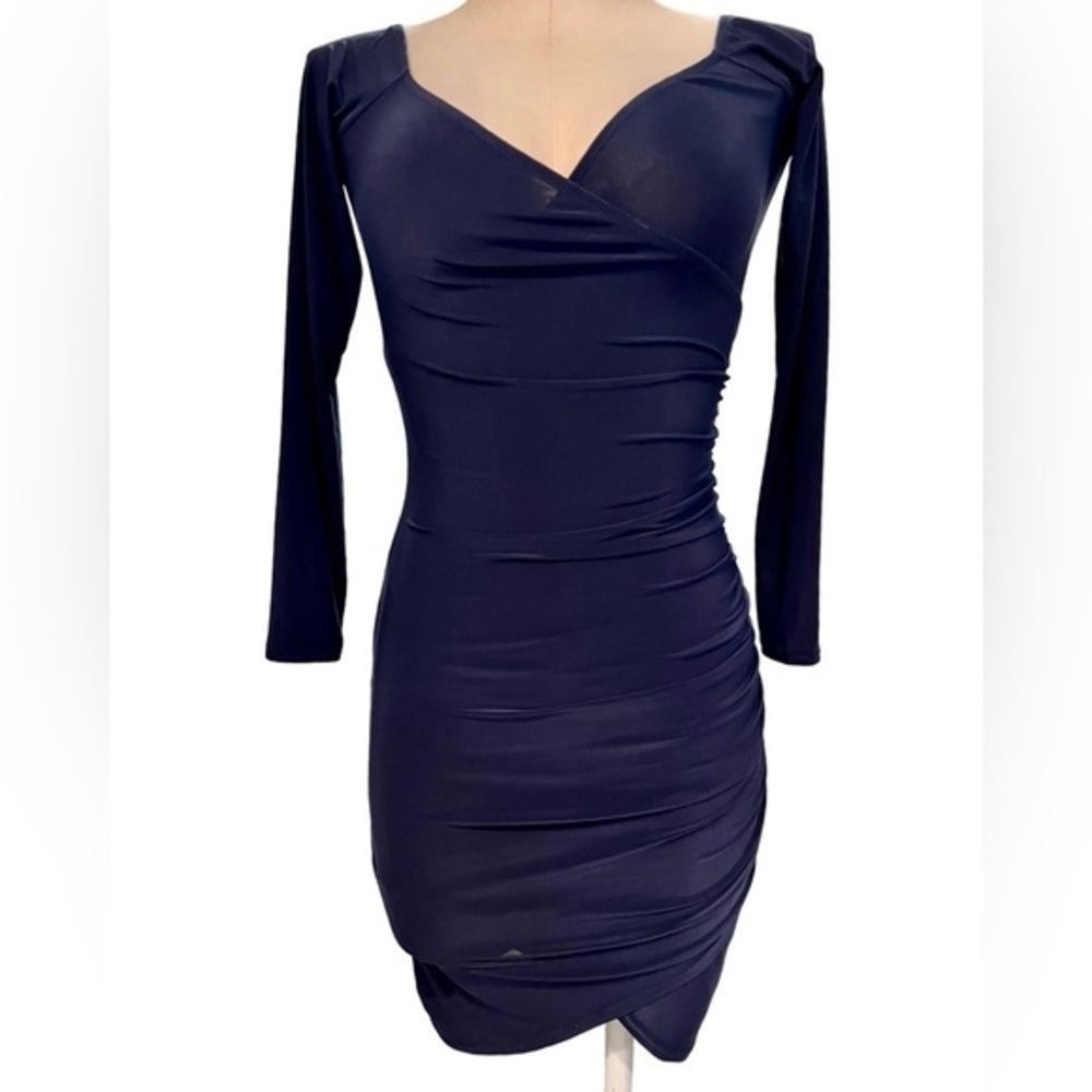 Prettylittlething Navy Body Con Ruched Stretchy Mini Dress